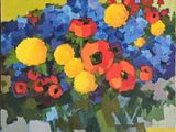 a painting of flowers in a vase on a table