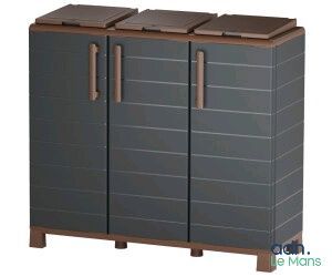 meuble de rangement gris et marron, avec trois portes et deux tiroirs