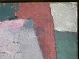 a painting of a red, white, and blue block