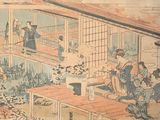 a picture of a painting of people in a japanese house