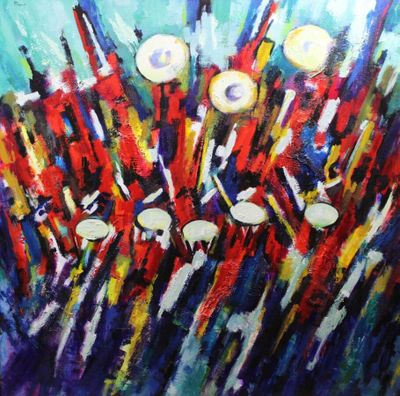 abstract painting of a bunch of red and yellow lights on a blue background