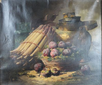 une peinture représentant une nature morte avec des fruits et des légumes sur la table