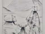 dessin au crayon représentant un homme et un chien debout devant une pyramide