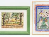 two framed pictures of a man and a woman in the woods