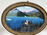 a picture of a painting of a castle on the water