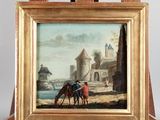 tableau représentant un cheval et son cavalier devant un château au bord d'une rivière