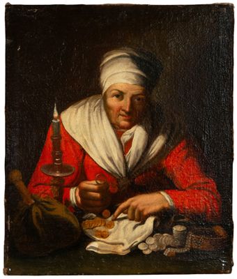 an old painting of a woman with a candle in her hand