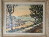 an oil painting of a bridge over a river with trees in the foreground