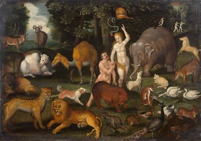 une image représentant un tableau où l'on voit un homme entouré d'animaux