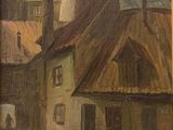 peinture d'une scène de rue avec des bâtiments et une personne marchant dans la rue