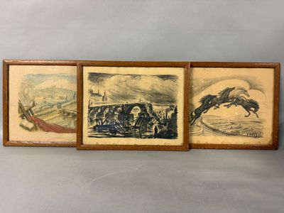 J.BELOUZE. Réunion de trois estampes: deux paysages un en co…