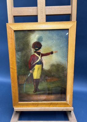un vieux tableau représentant un homme en uniforme qui montre quelque chose du doigt
