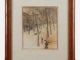 tableau représentant deux personnes marchant dans la neige au milieu d'un bois