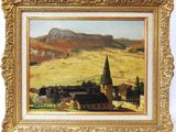an oil painting of a village with a church and a mountain in the background