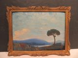 an oil painting of a lone tree on a hill with a lake in the background