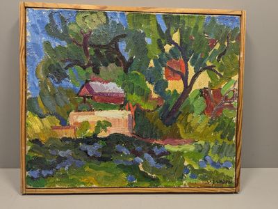 une peinture à l'huile représentant une maison et des arbres dans un champ
