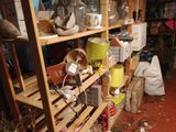 many items on the shelves in the room
