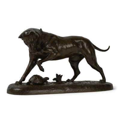 statue en bronze représentant un chien et un chat sur fond blanc