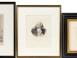 five framed pictures of men in a row on the wall