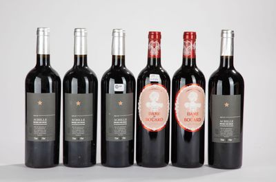 six bouteilles de vin rouge alignées