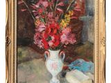 an oil painting of a vase with flowers in it on a table