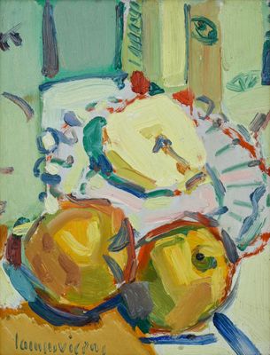 un tableau représentant deux pommes et une banane posées sur une table