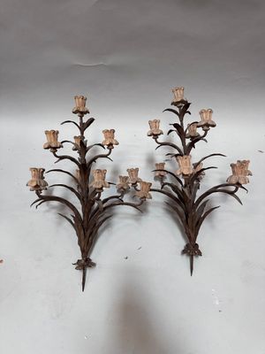 pair of antique brass candelabs with flowers and leaves