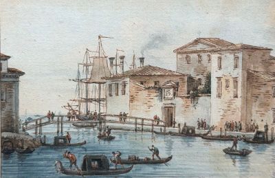 a painting of a canal with boats and people on it