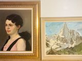 painting of a woman in a pink dress next to a painting of a mountain