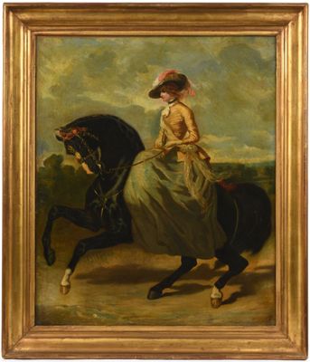 une peinture à l'huile représentant une femme à cheval dans un champ