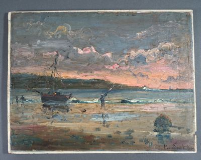 an oil painting of a boat on a beach with a man standing in the water