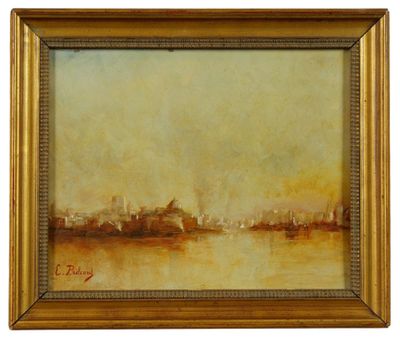 une peinture représentant une peinture d'une ville au bord d'un lac