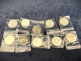 six different types of gold coins in plastic bags on a table