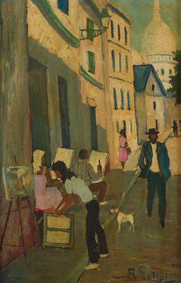 painting of a street scene with people and a dog on a leash