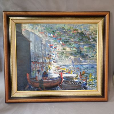 painting of boats on the water with people in the background