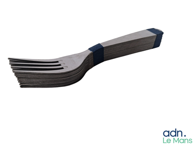 a stack of forks with a blue stripe on them