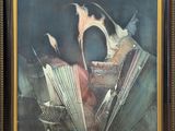 an image of a painting of a book and a bird on a table