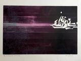 an image of a black and white painting with a purple background