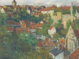 tableau représentant une vue d'une ville depuis une colline, avec une église au loin