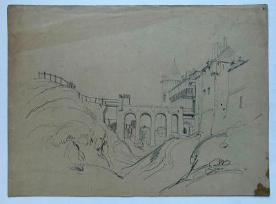 un vieux dessin représentant un pont enjambant une rivière, avec un bâtiment en arrière-plan
