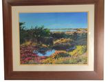 framed oil painting of a bull in a field by a stream
