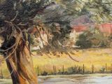 an oil painting of a tree in a field next to a body of water