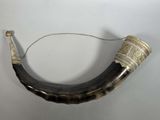 a large horn with a chain hanging from it ' s side