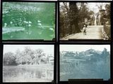 four black and white photos of a person walking down a path