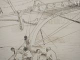 drawing of a group of people on a boat in a body of water