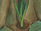 tableau représentant une plante en pot aux fleurs roses posée sur un tissu vert