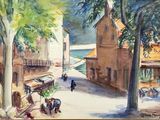 a painting of a street scene with people walking down it