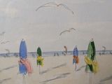 painting of people walking on a beach with umbrellas and birds flying in the sky