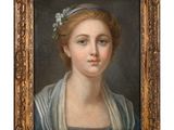 un tableau représentant une femme en robe bleue avec une fleur dans les cheveux