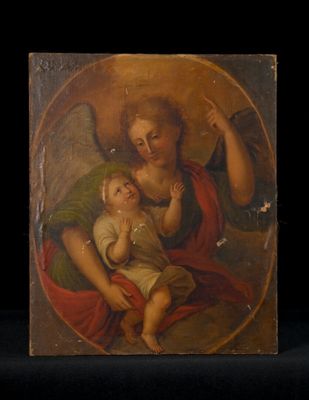 une peinture ancienne représentant une femme tenant un enfant sur ses genoux